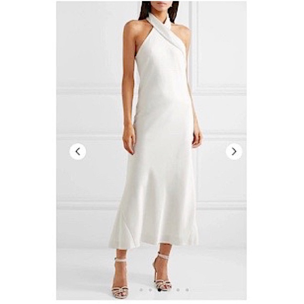 GALVAN London Silk Pandora Satin Halterneck Midi Dress in Ivory (FR 36 US 4)